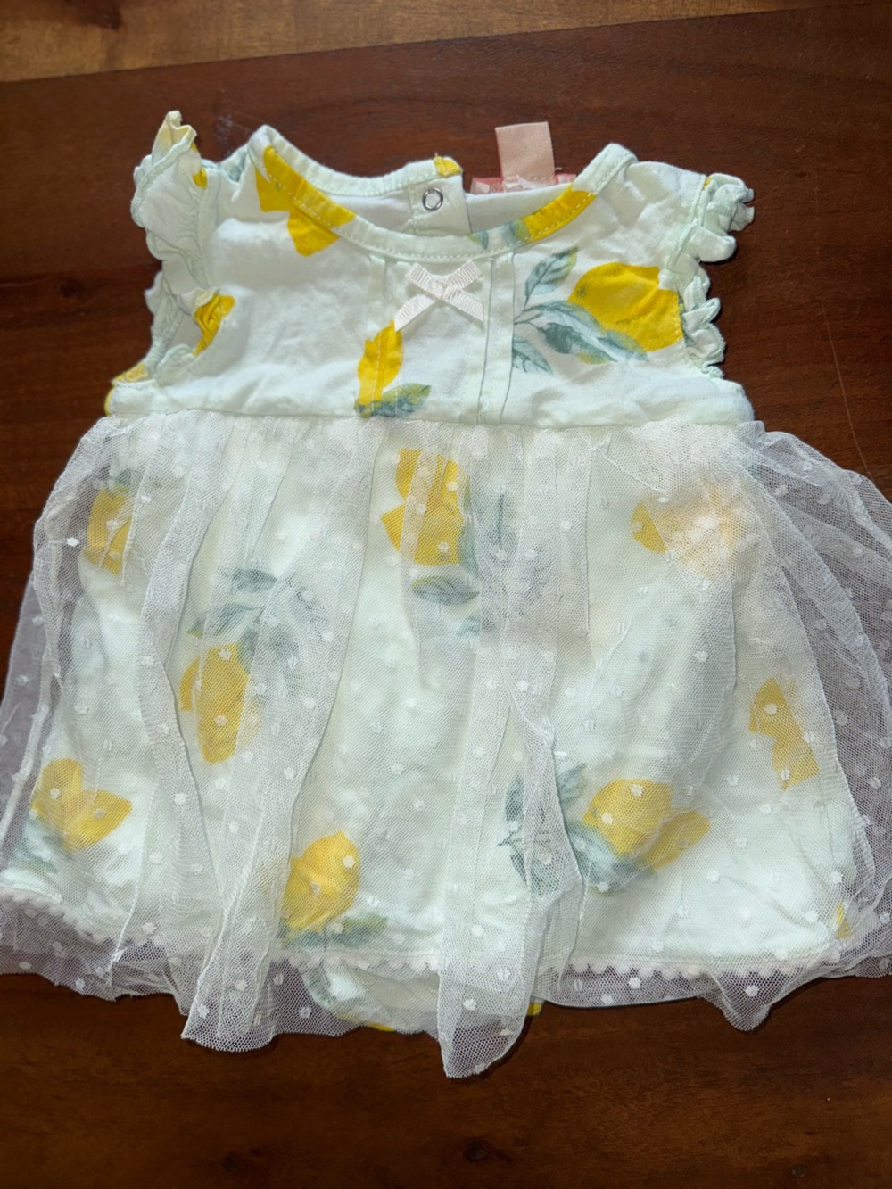 Tutu Couture‎ White Lemon Print Dress Sheer Dot Overlay Ruffle Sleeve 6-9 Months